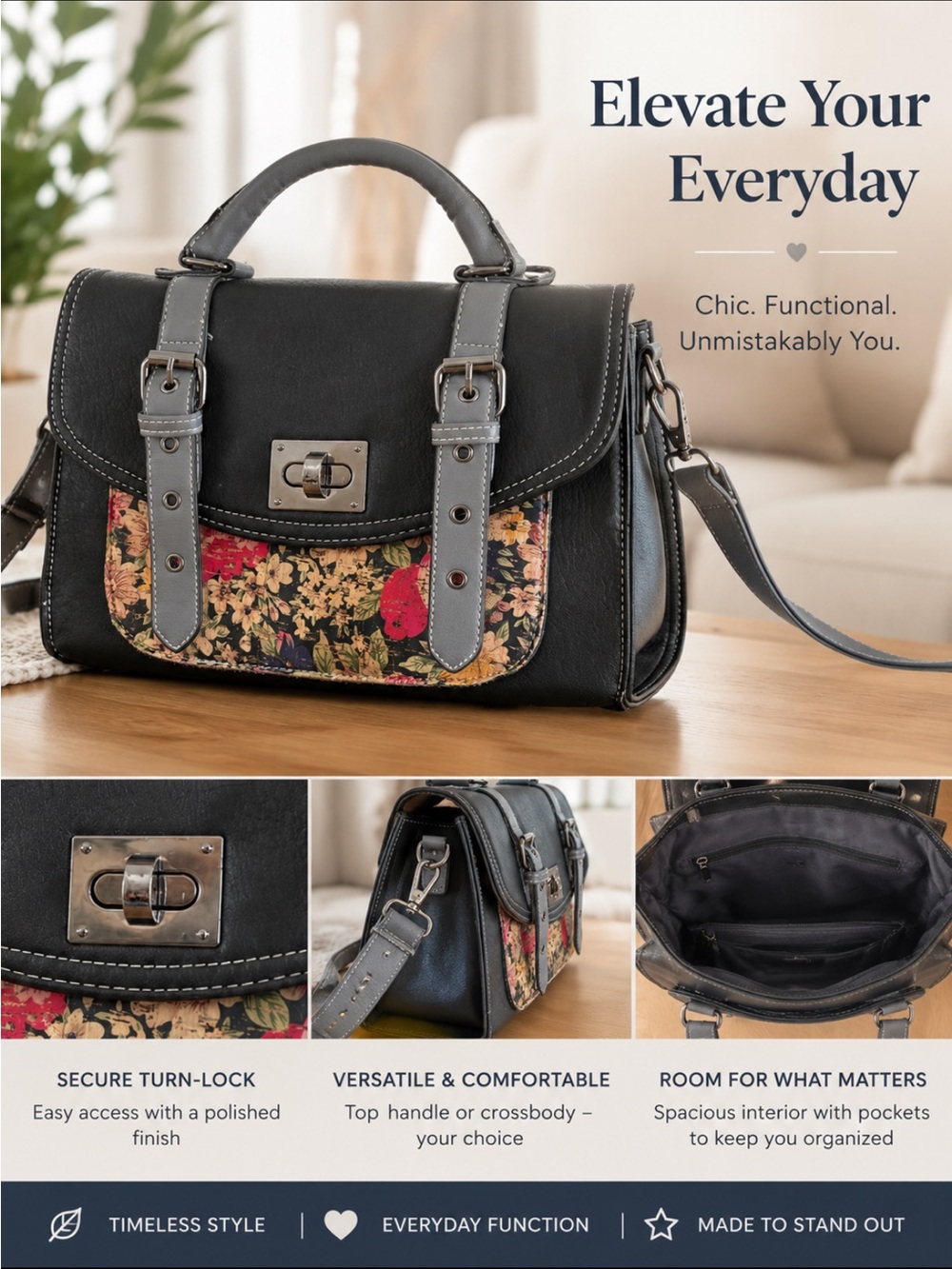 Black Floral Accent Satchel Handbag